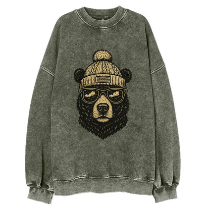 Alabama Black Bear wearing Birmingham beanie with pom pom and wayfarer - Vintage Sweatshirt - Forest Mist(Green)