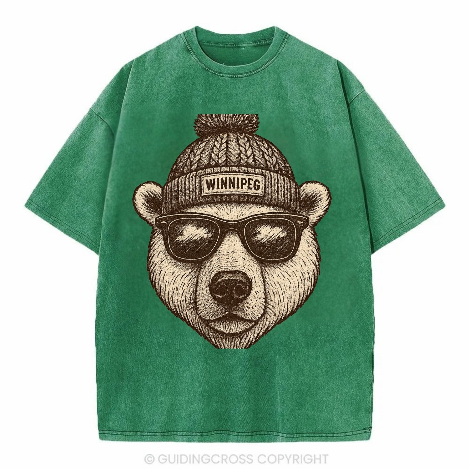 Winnipeg Polar Bear wearing Winnipeg beanie with pom pom and wayfarer sunglasses - Vintage T-shirt - Forest Mist(Green)