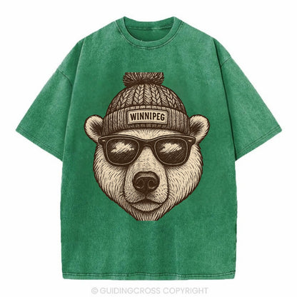 Winnipeg Polar Bear wearing Winnipeg beanie with pom pom and wayfarer sunglasses - Vintage T-shirt - Forest Mist(Green)