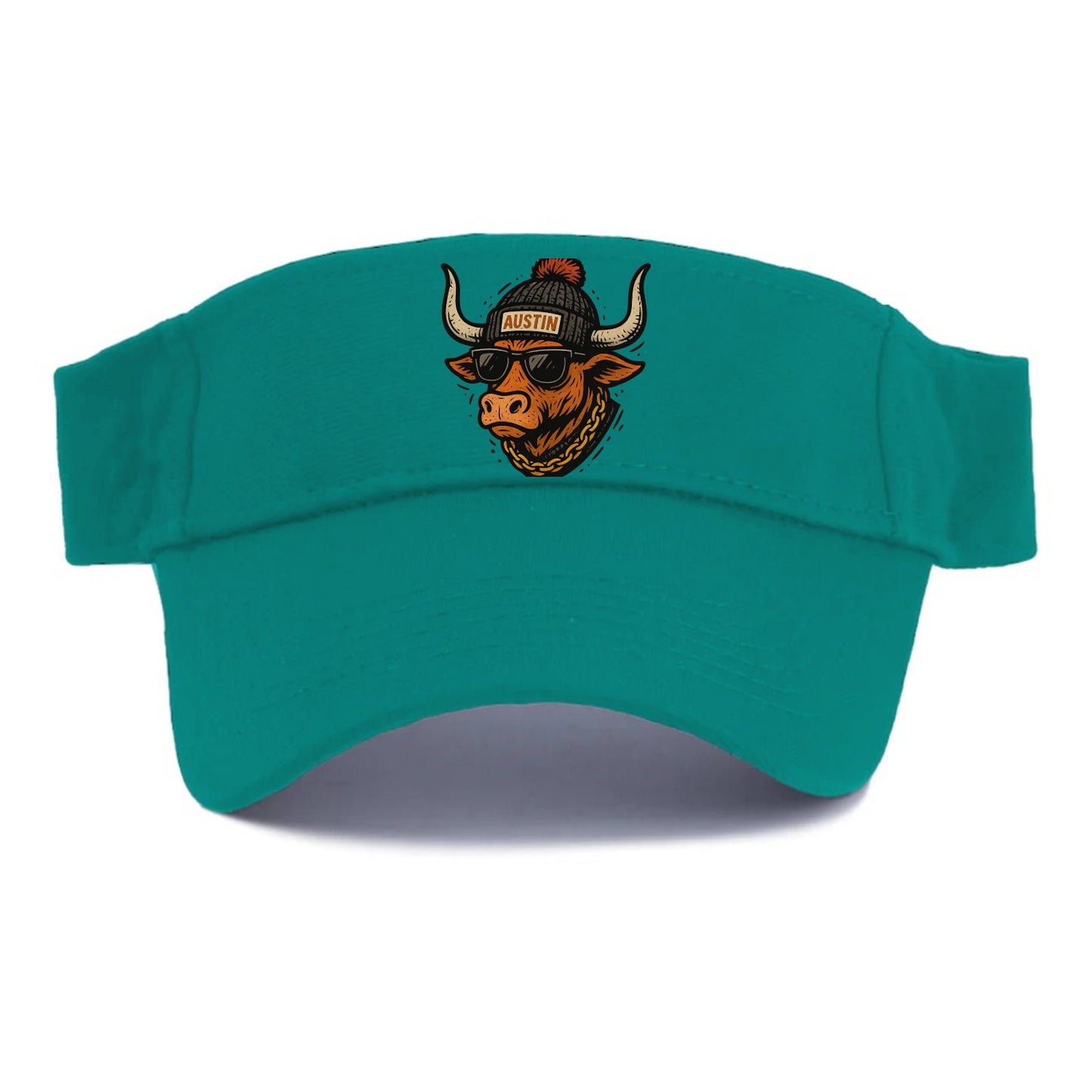 Texas Longhorn wearing Austin beanie with pom pom and wayfarer sunglasses - Visor - Forest Mist(Green)