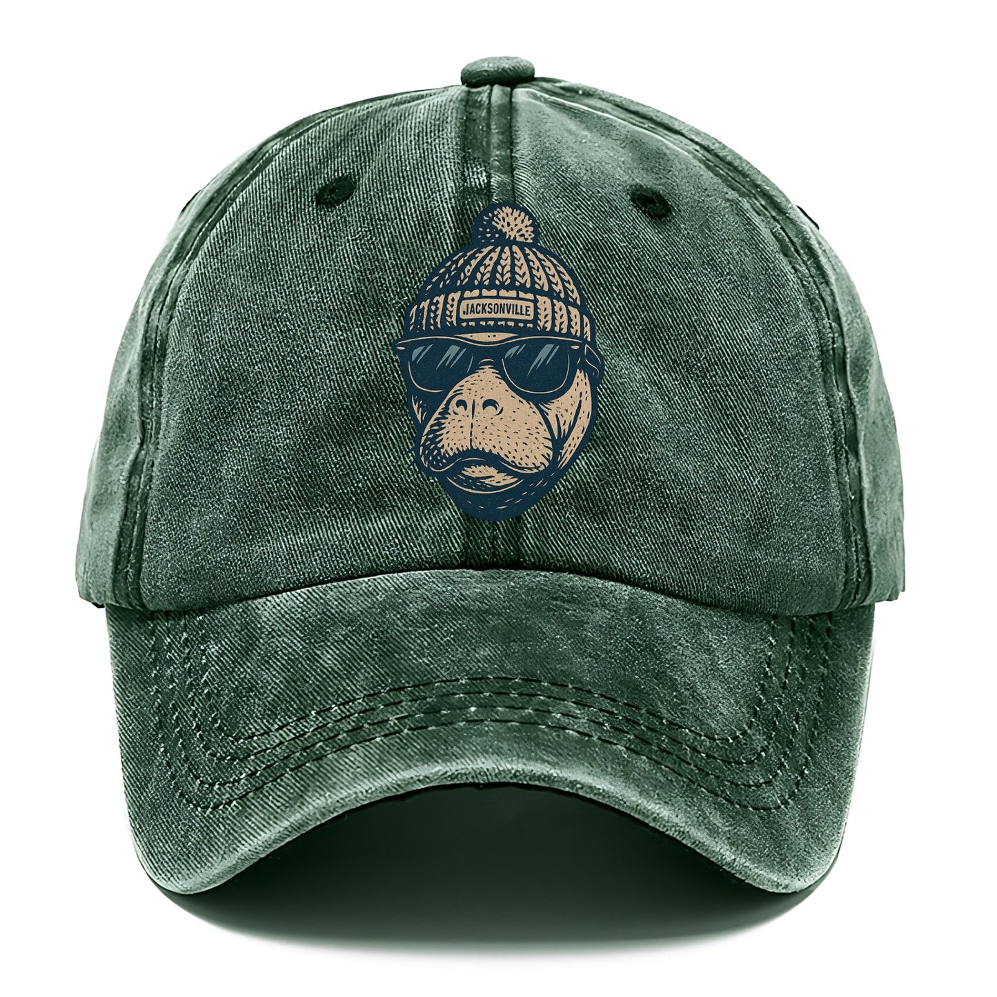 Jacksonville Manatee wearing Jacksonville beanie with pom pom and wayfarer sunglasses - Classic Cap - Forest Mist(Green)