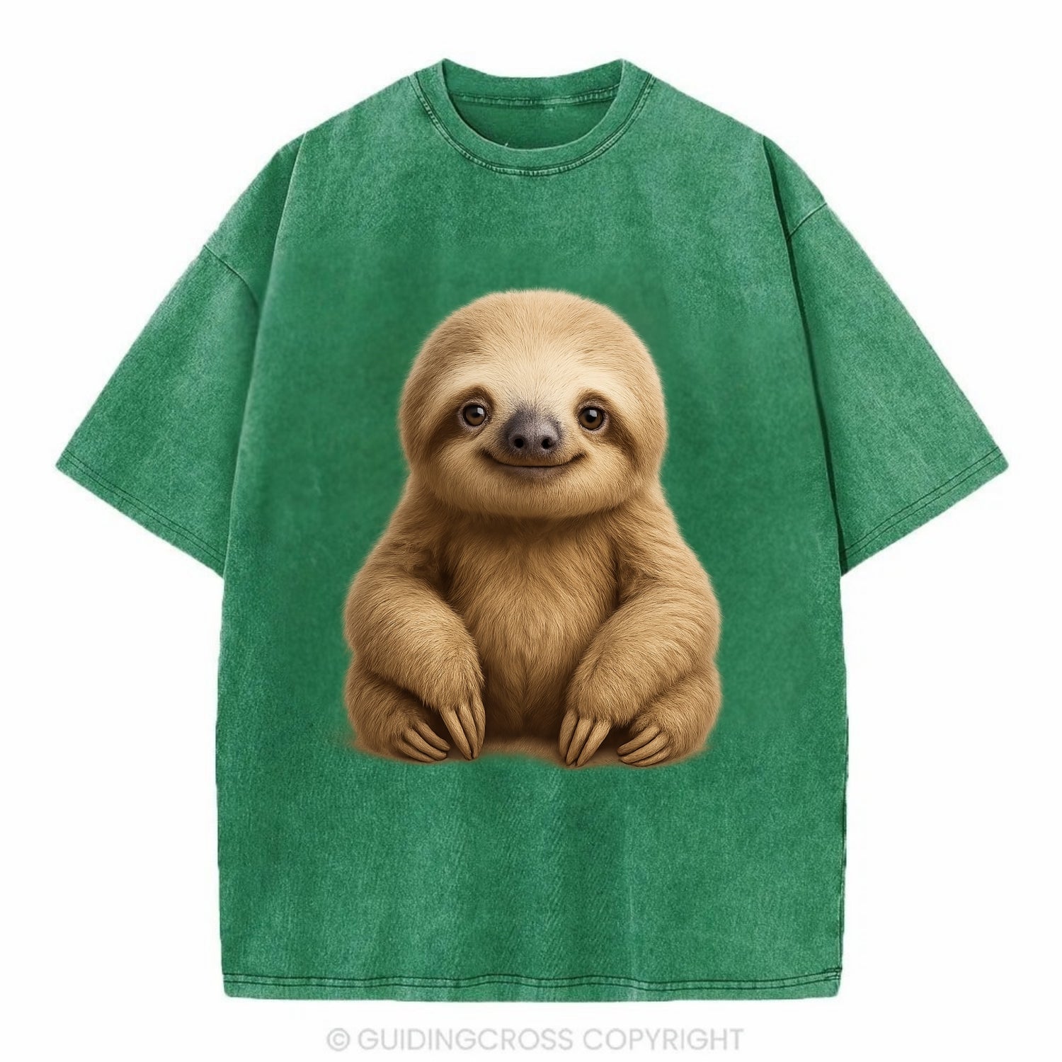 Baby Sloth - tan fur, long arms, peaceful smile, gentle eyes, front-facing, zen - Vintage T-shirt - Forest Mist(Green)