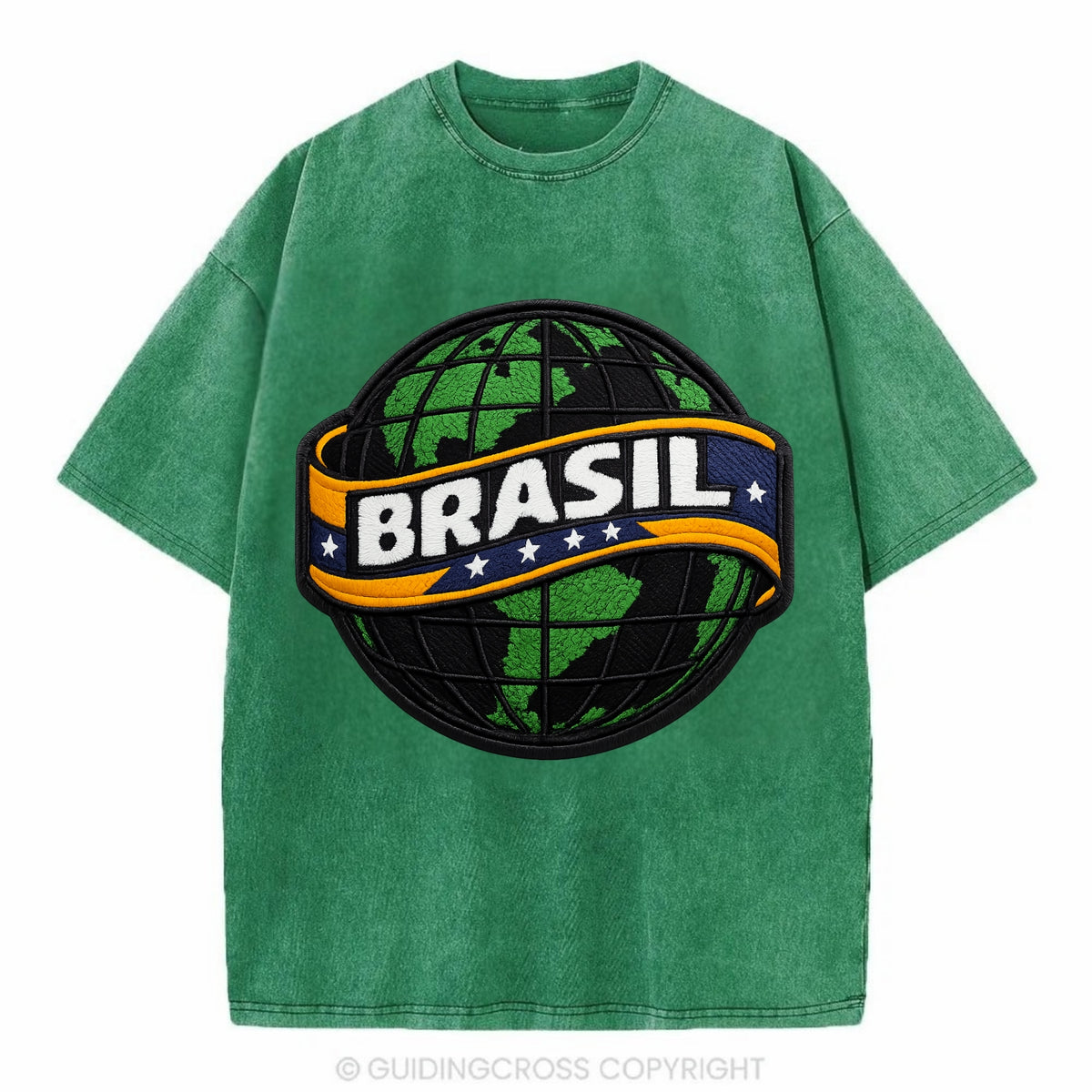 BRAZILIAN FLAG GLOBE - green globe with banner in green yellow blue , Brasil - Vintage T-shirt - Forest Mist(Green)
