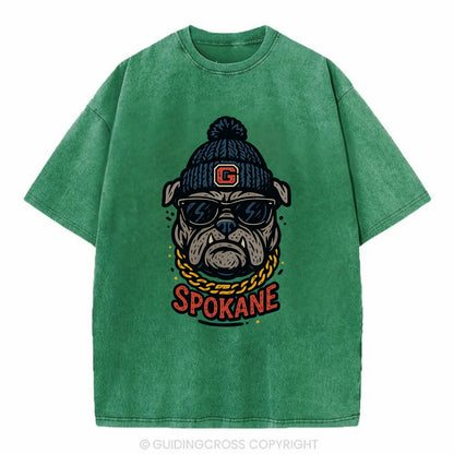 Spokane Bulldog wearing Gonzaga beanie with G patch - Vintage T-shirt - Forest Mist(Green)
