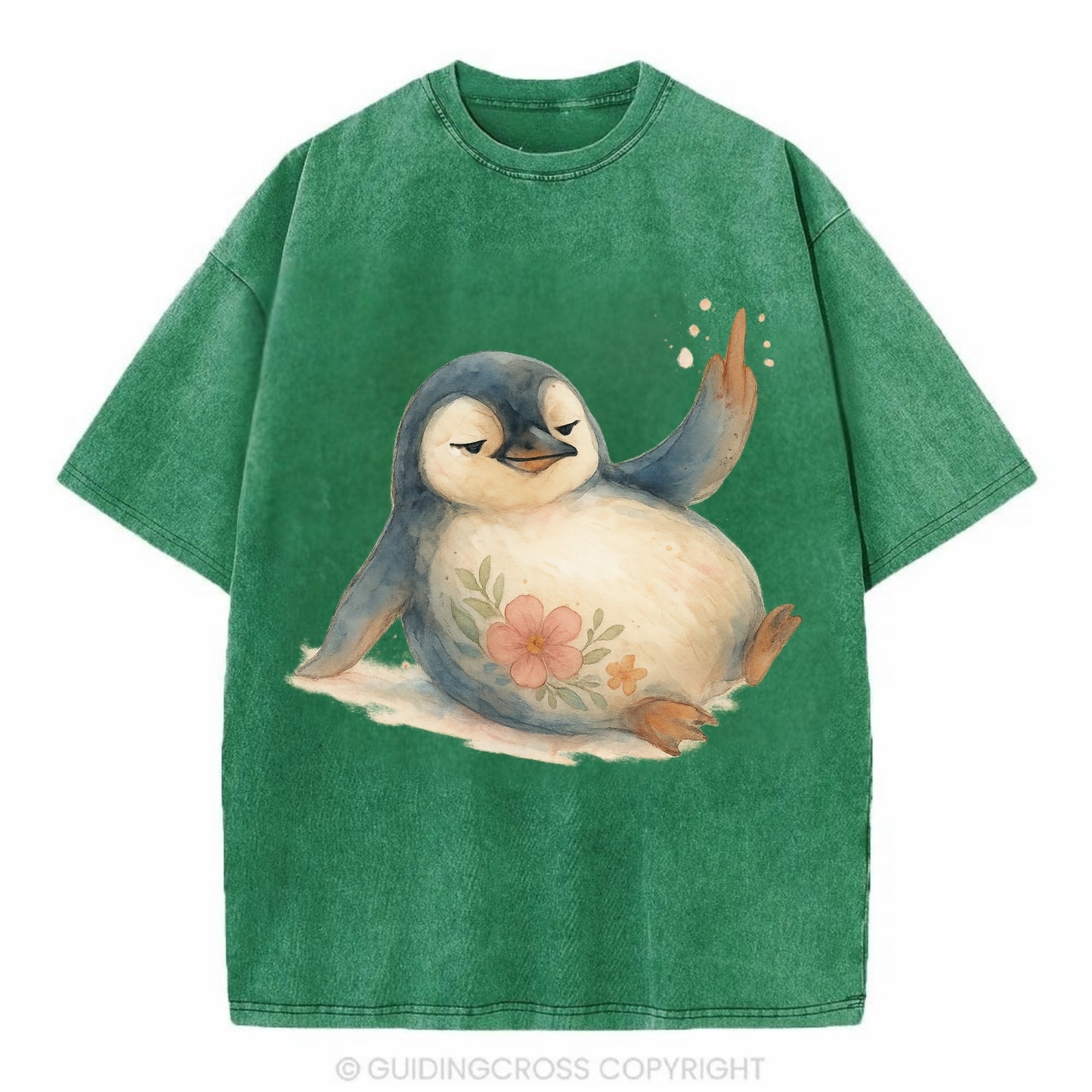 chubby penguin sliding on belly, one flipper up giving attitude - Vintage T-shirt - Forest Mist(Green)