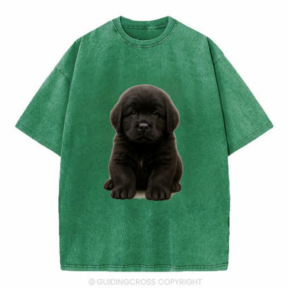 Baby Newfoundland Puppy - giant fluffy black, gentle eyes, webbed paws, - Vintage T-shirt - Forest Mist(Green)