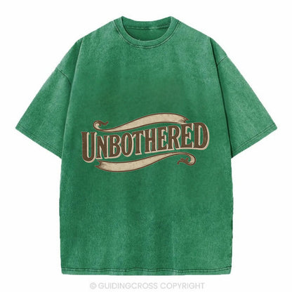 Bold typography design - "UNBOTHERED" - not affected, staying calm - Vintage T-shirt - Forest Mist(Green)