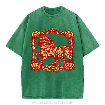 HORSE | Silk style horse design | Gold and silver thread appearance | Phoenix and - Vintage T-shirt - Forest Mist(Green)