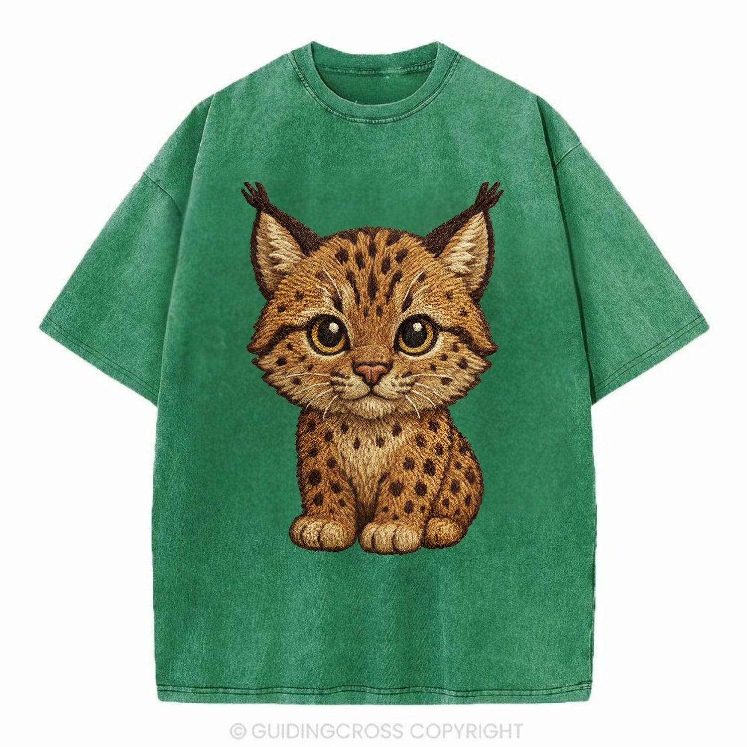Baby Lynx Cub - tufted ears, spotted fur, golden eyes, front-facing, wild baby - Vintage T-shirt - Forest Mist(Green)