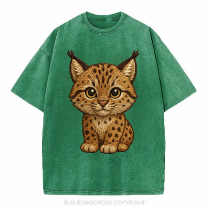 Baby Lynx Cub - tufted ears, spotted fur, golden eyes, front-facing, wild baby - Vintage T-shirt - Forest Mist(Green)