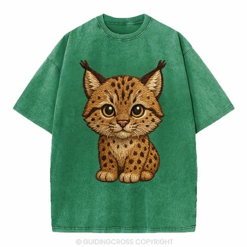 Baby Lynx Cub - tufted ears, spotted fur, golden eyes, front-facing, wild baby - Vintage T-shirt