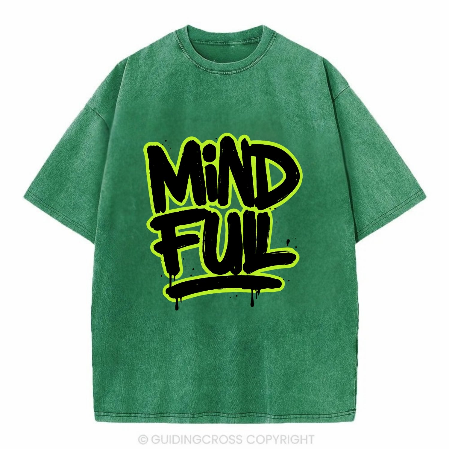 Bold typography design - "MINDFUL" - present awareness, conscious living - Vintage T-shirt - Forest Mist(Green)