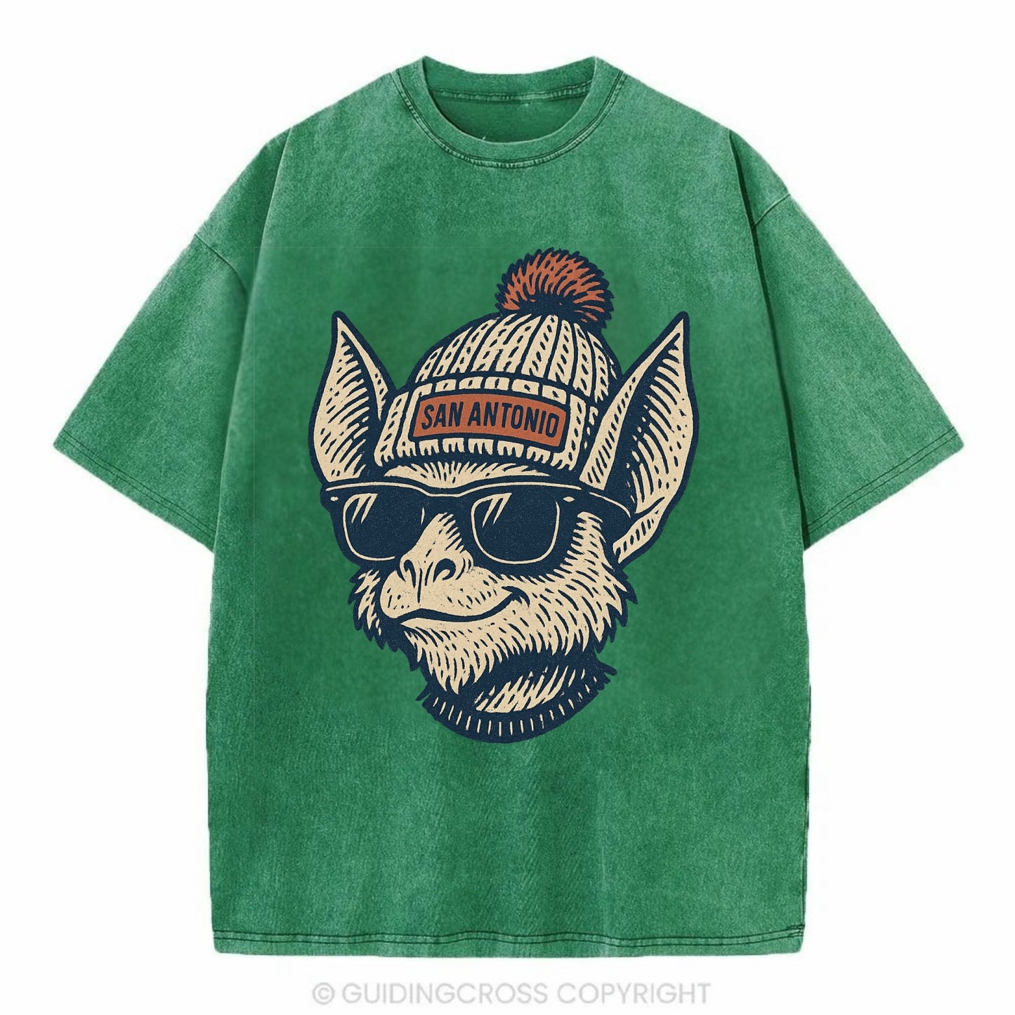 San Antonio Bat wearing San Antonio beanie with pom pom and wayfarer sunglasses - Vintage T-shirt - Forest Mist(Green)