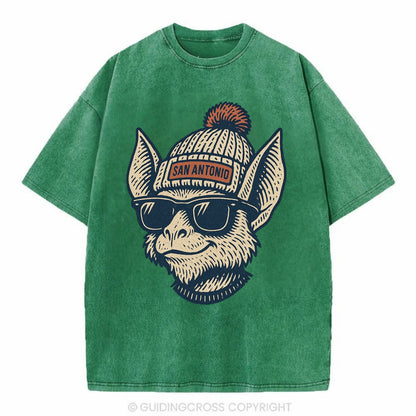 San Antonio Bat wearing San Antonio beanie with pom pom and wayfarer sunglasses - Vintage T-shirt - Forest Mist(Green)