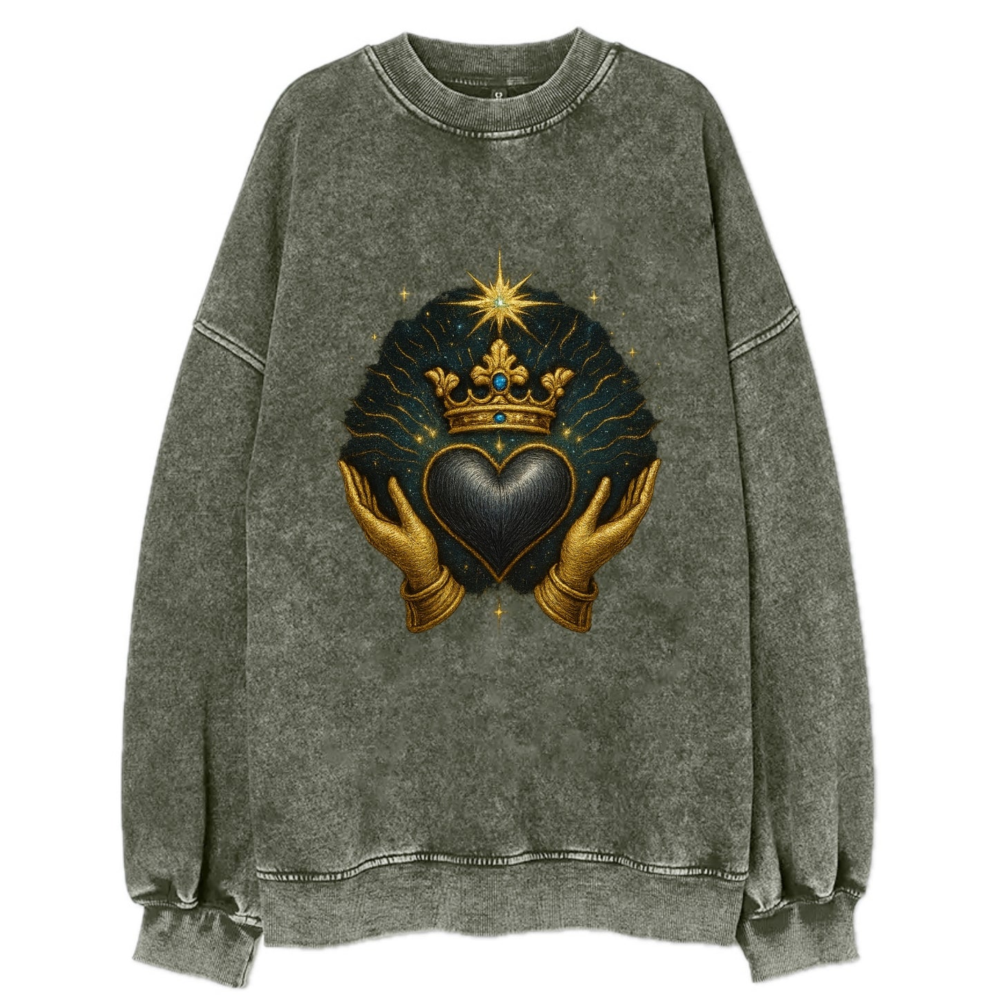 Pearl-studded tiara atop a satin-gunmetal heart supported by elegant - Vintage Sweatshirt - Forest Mist(Green)