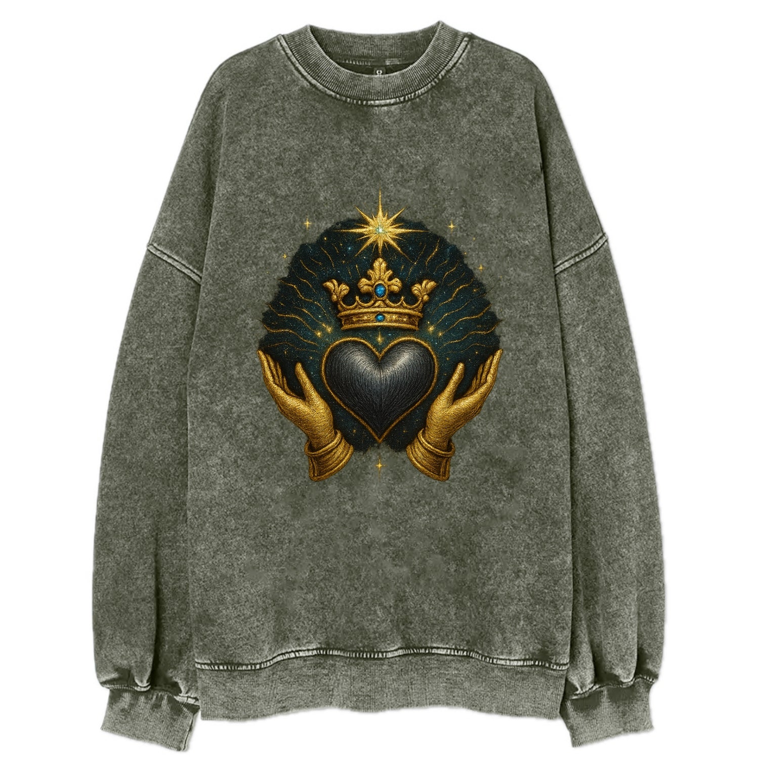 Pearl-studded tiara atop a satin-gunmetal heart supported by elegant - Vintage Sweatshirt - Forest Mist(Green)