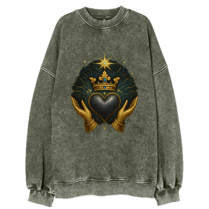 Pearl-studded tiara atop a satin-gunmetal heart supported by elegant - Vintage Sweatshirt - Forest Mist(Green)