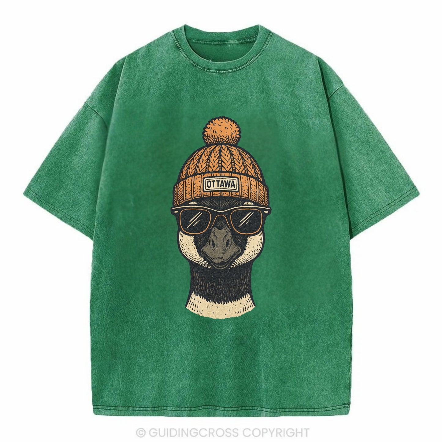 Ottawa Canadian Goose wearing Ottawa beanie with pom pom and wayfarer sunglasses - Vintage T-shirt - Forest Mist(Green)