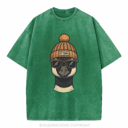 Ottawa Canadian Goose wearing Ottawa beanie with pom pom and wayfarer sunglasses - Vintage T-shirt - Forest Mist(Green)