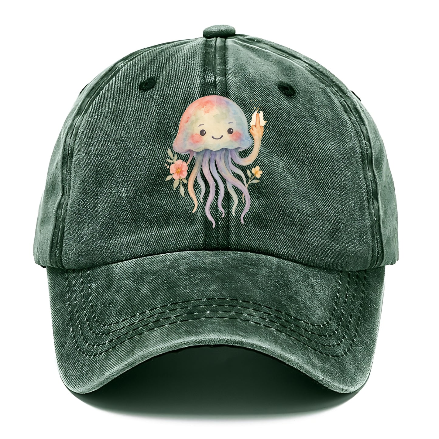 jellyfish with kawaii face and tentacles, one tentacle pointing up defiantly - Classic Cap - Forest Mist(Green)