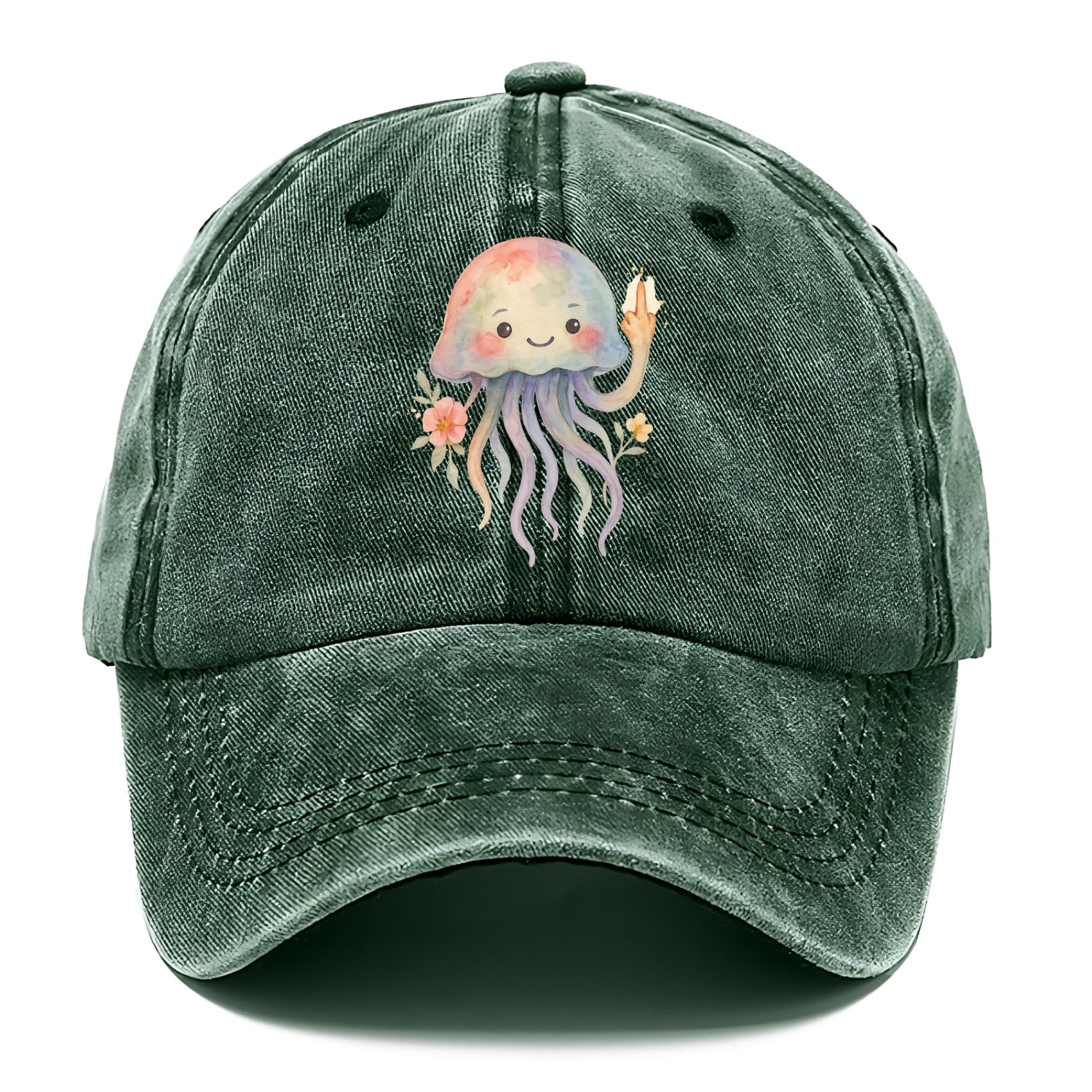 jellyfish with kawaii face and tentacles, one tentacle pointing up defiantly - Classic Cap - Forest Mist(Green)