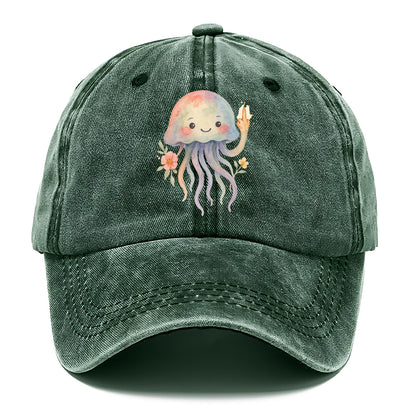 jellyfish with kawaii face and tentacles, one tentacle pointing up defiantly - Classic Cap - Forest Mist(Green)
