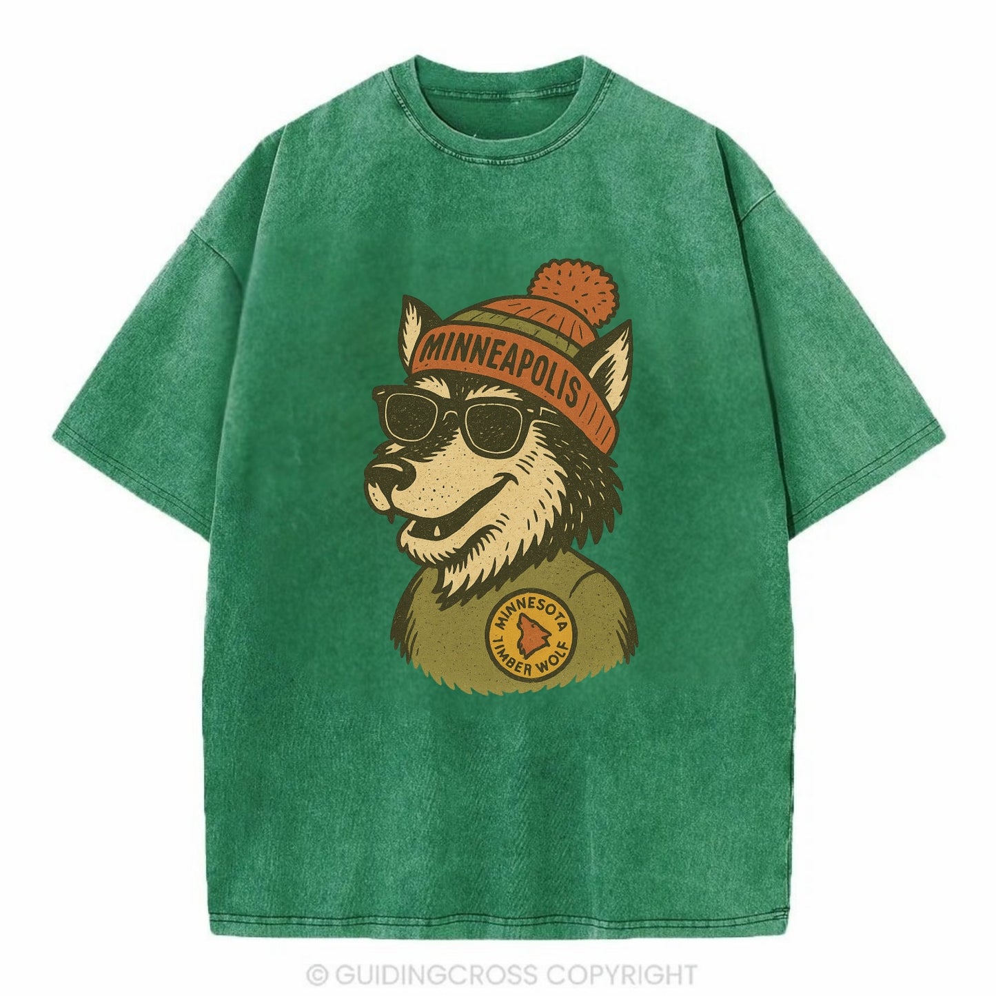Minnesota Timber Wolf wearing Minneapolis beanie with pom pom and wayfarer - Vintage T-shirt - Forest Mist(Green)