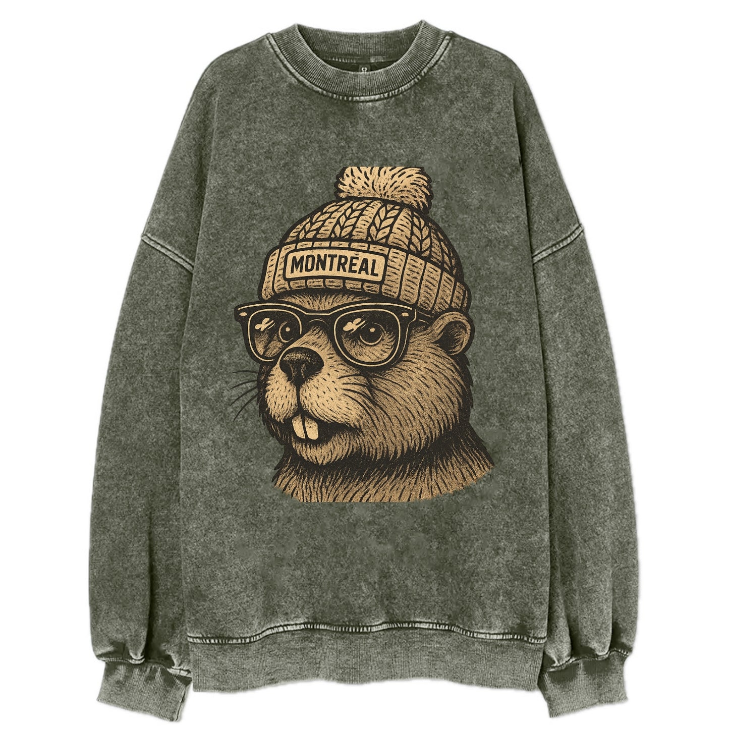 Montreal Beaver wearing Montreal beanie with pom pom and wayfarer sunglasses - Vintage Sweatshirt - Forest Mist(Green)
