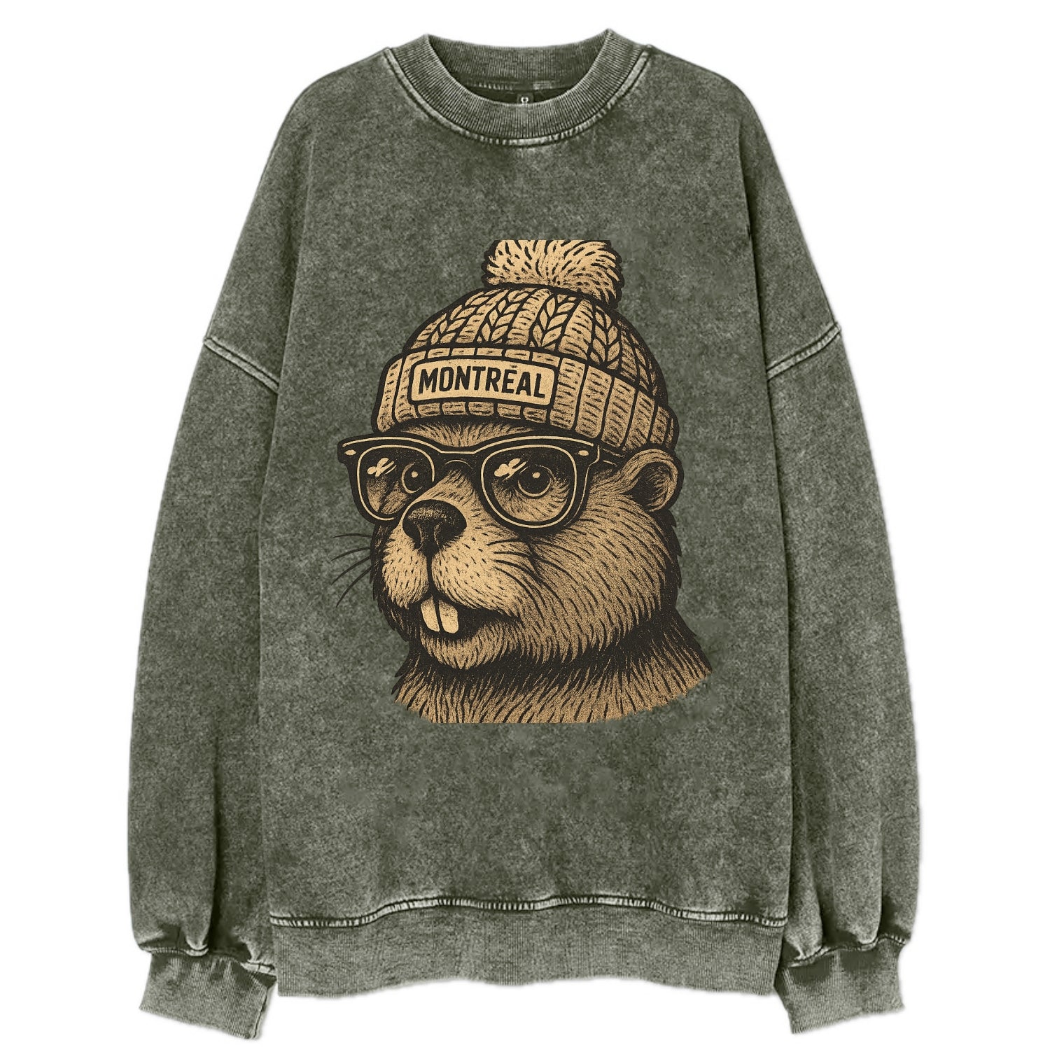 Montreal Beaver wearing Montreal beanie with pom pom and wayfarer sunglasses - Vintage Sweatshirt - Forest Mist(Green)