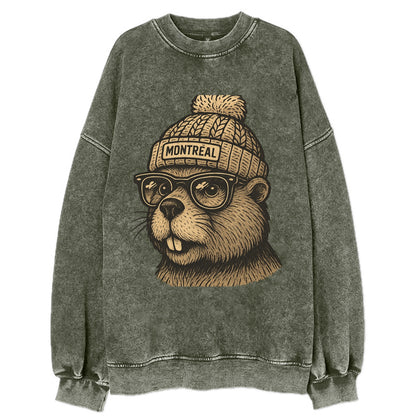 Montreal Beaver wearing Montreal beanie with pom pom and wayfarer sunglasses - Vintage Sweatshirt - Forest Mist(Green)