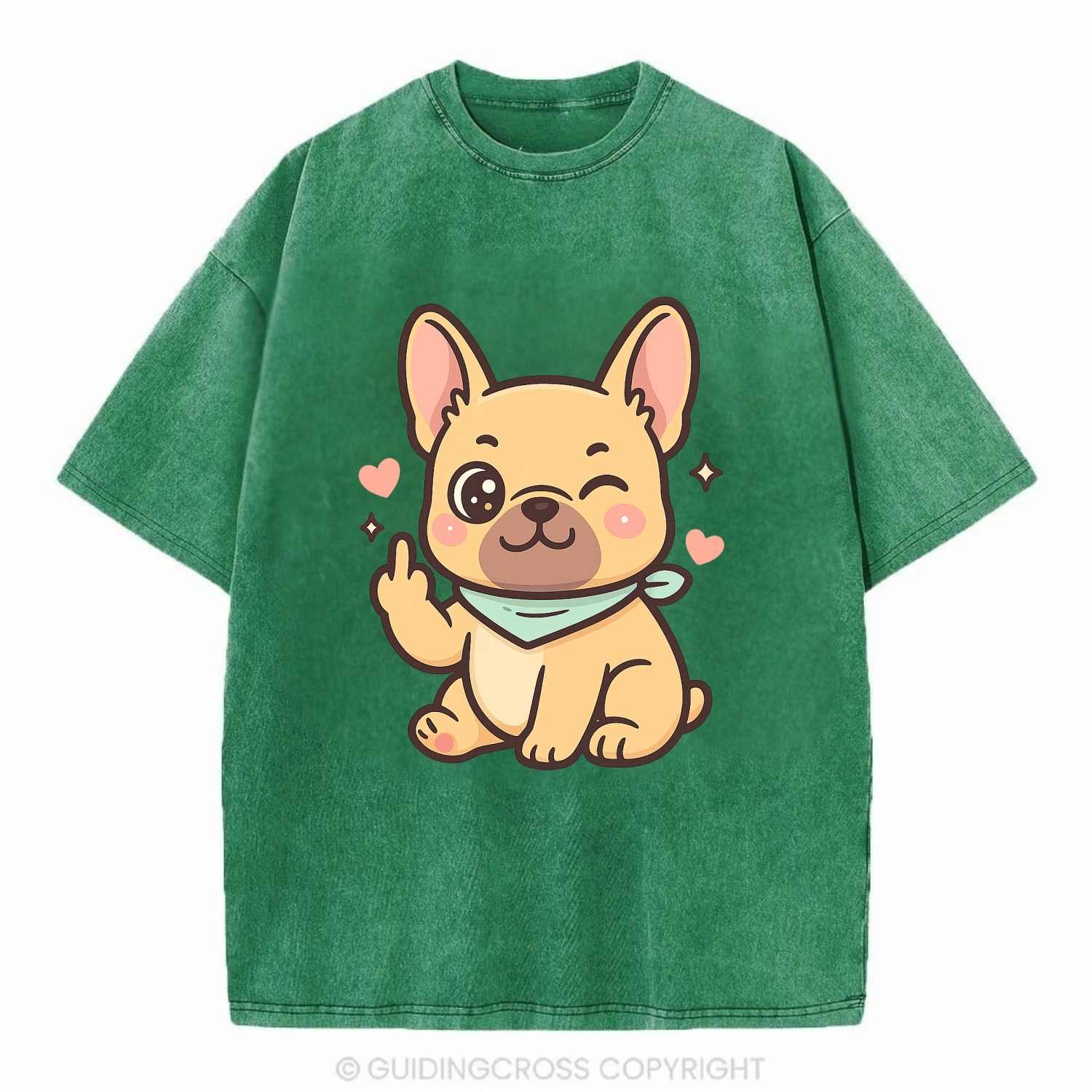 French Bulldog sitting with bat ears up, strong paw with sass - Vintage T-shirt - Forest Mist(Green)
