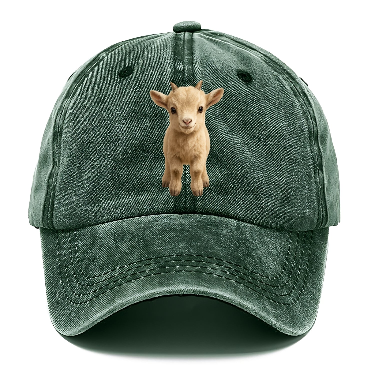 Baby Goat Kid - small horns, rectangular pupils, fluffy, playful eyes, front-facing, - Classic Cap - Forest Mist(Green)