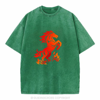 FREEDOM FLAMES | Wild horse breaking fire chains | Liberation | Barriers burned | - Vintage T-shirt - Forest Mist(Green)