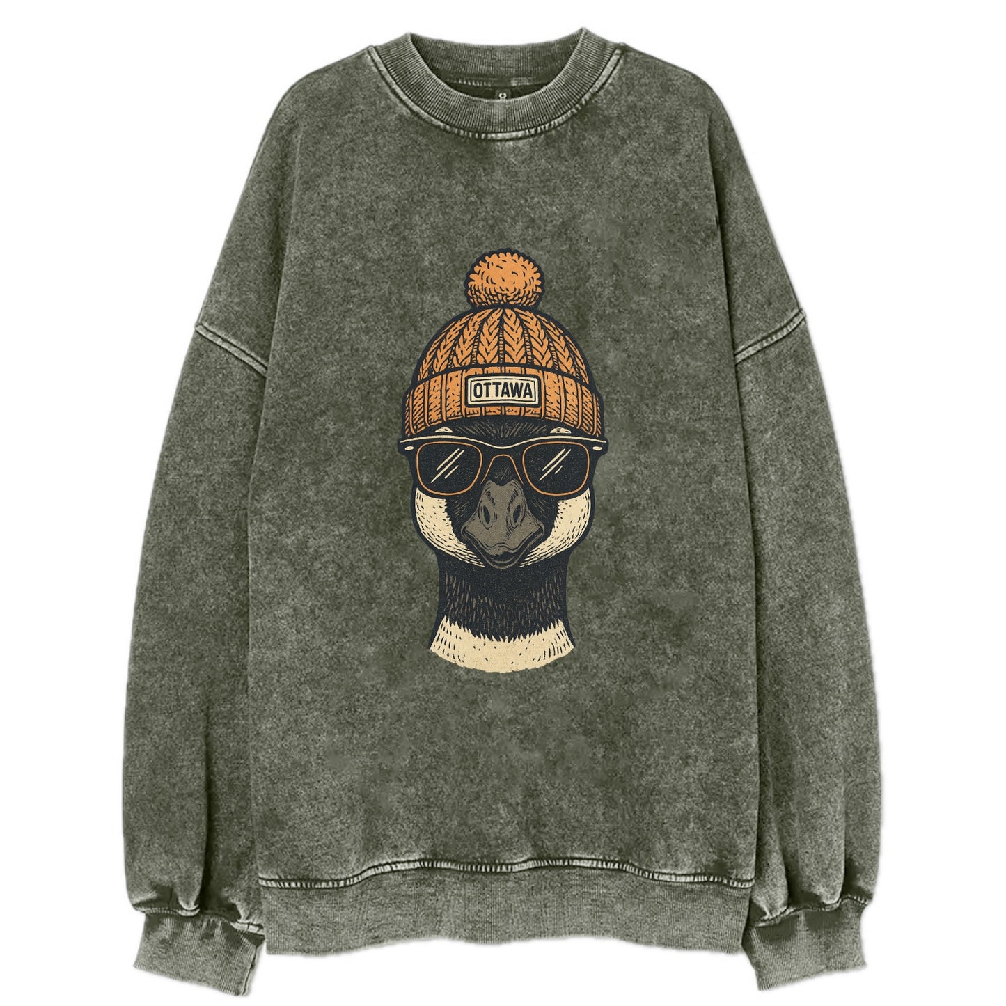 Ottawa Canadian Goose wearing Ottawa beanie with pom pom and wayfarer - Vintage Sweatshirt - Forest Mist(Green)