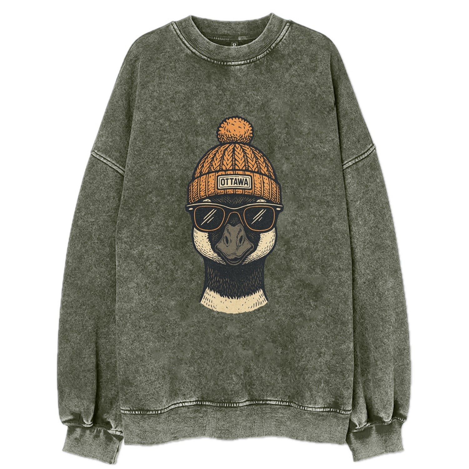 Ottawa Canadian Goose wearing Ottawa beanie with pom pom and wayfarer - Vintage Sweatshirt - Forest Mist(Green)