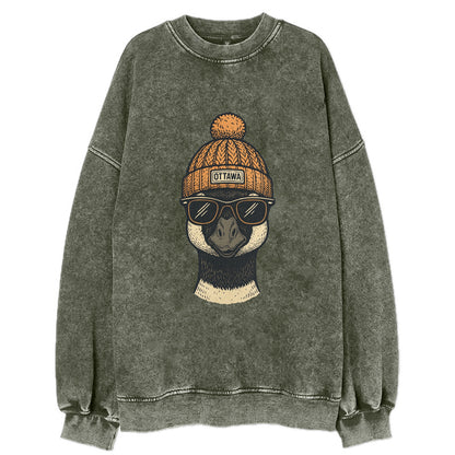 Ottawa Canadian Goose wearing Ottawa beanie with pom pom and wayfarer - Vintage Sweatshirt - Forest Mist(Green)