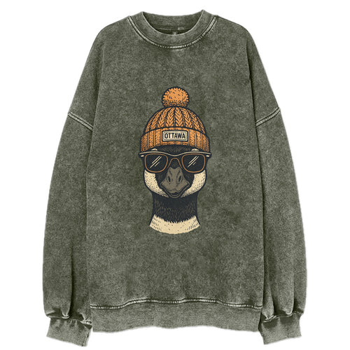 Ottawa Canadian Goose wearing Ottawa beanie with pom pom and wayfarer - Vintage Sweatshirt