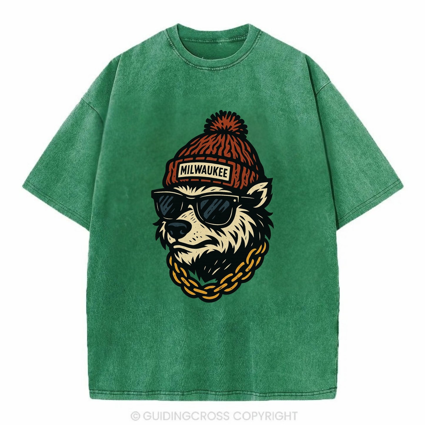 Milwaukee Badger wearing Milwaukee beanie with pom pom and wayfarer sunglasses - Vintage T-shirt - Forest Mist(Green)