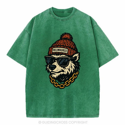 Milwaukee Badger wearing Milwaukee beanie with pom pom and wayfarer sunglasses - Vintage T-shirt - Forest Mist(Green)