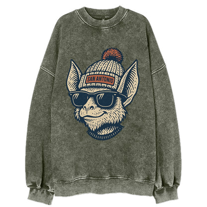 San Antonio Bat wearing San Antonio beanie with pom pom and wayfarer sunglasses - Vintage Sweatshirt - Forest Mist(Green)