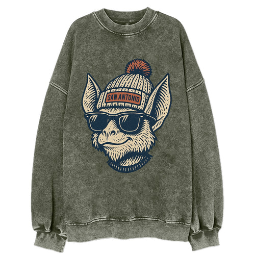 San Antonio Bat wearing San Antonio beanie with pom pom and wayfarer sunglasses - Vintage Sweatshirt