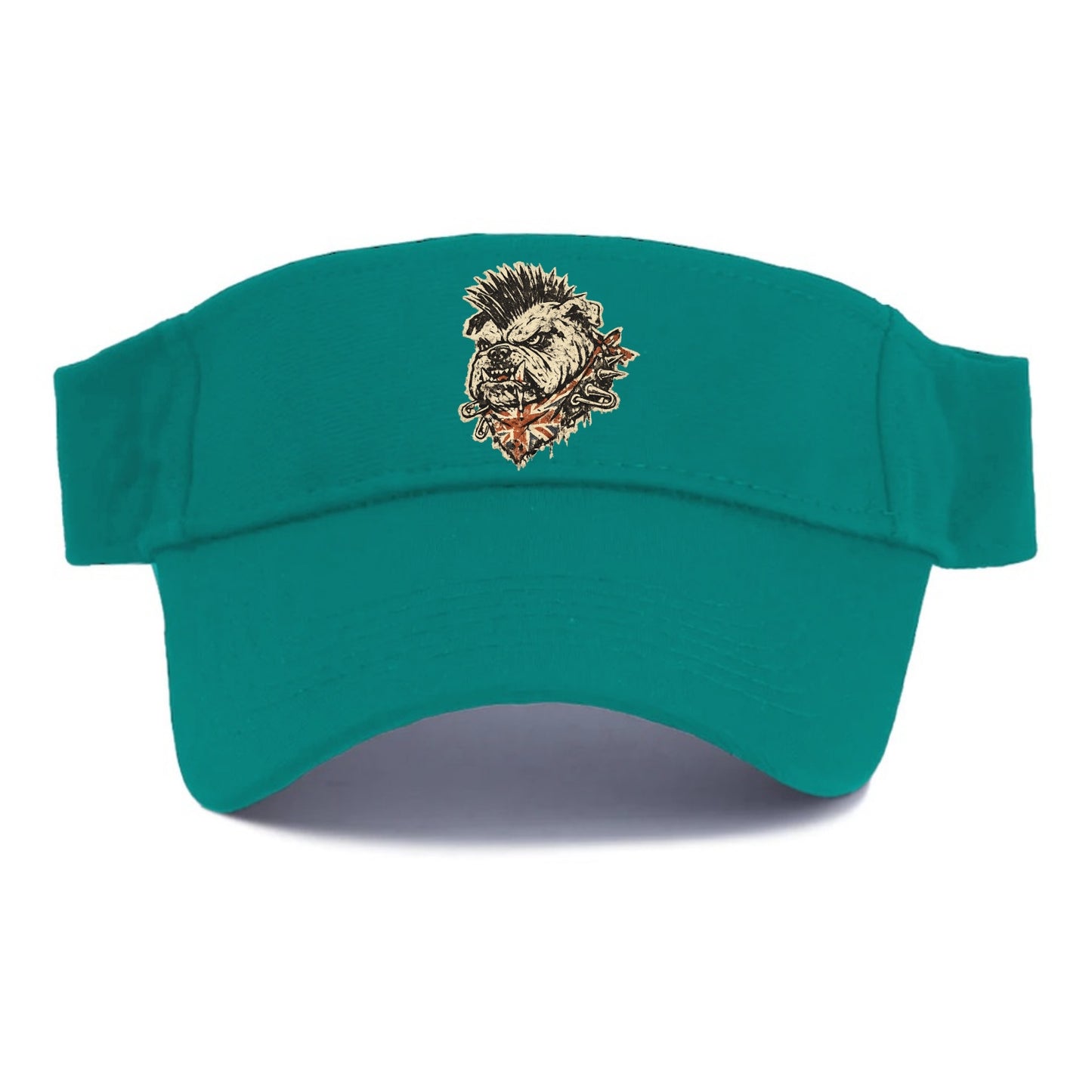 PUNK BULLDOG | British bulldog with mohawk | Safety pins through collar | Union Jack - Visor - Forest Mist(Green)