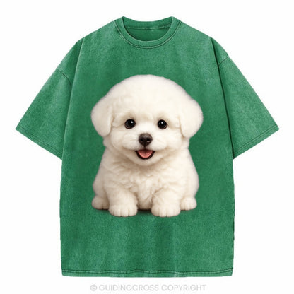 Baby Bichon Frise Puppy - white puffy cloud, dark eyes, happy expression, - Vintage T-shirt - Forest Mist(Green)