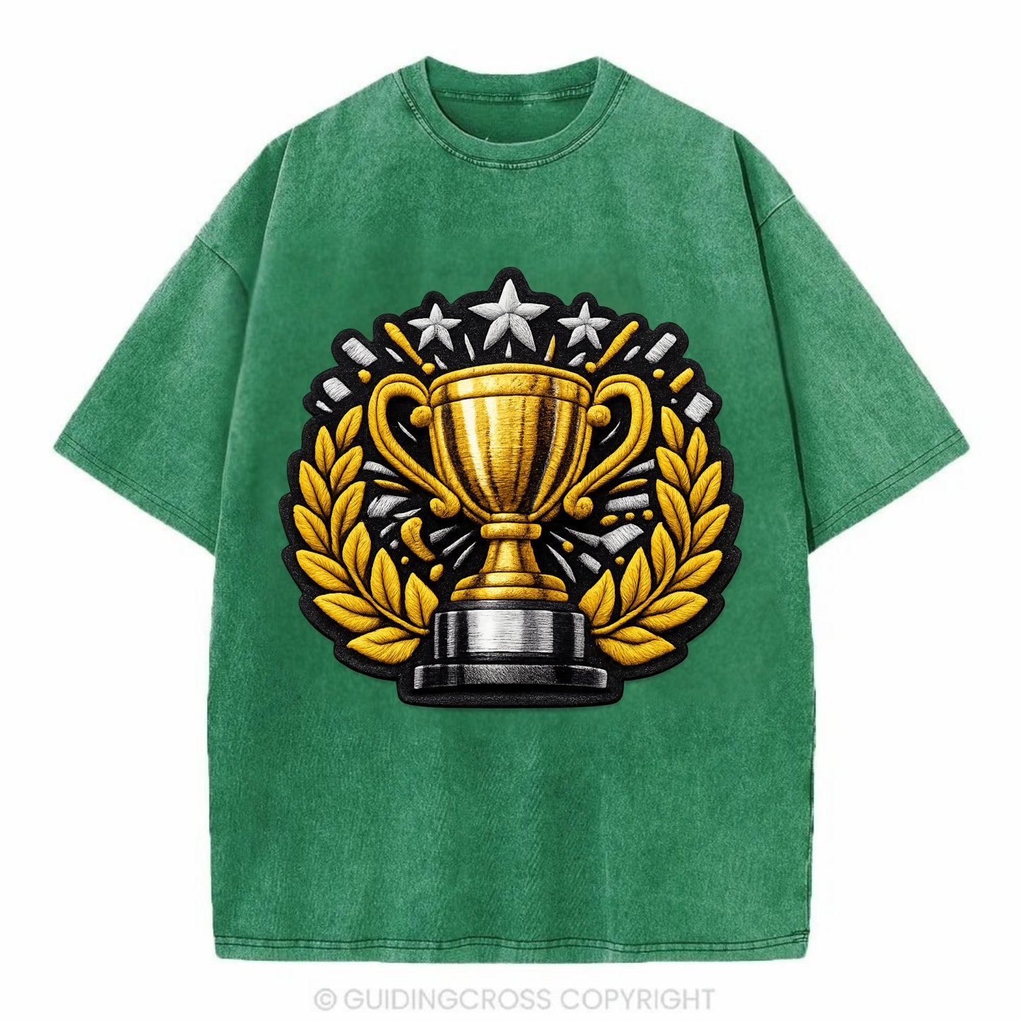 Embroidered patch design - CHAMPIONSHIP TROPHY - golden trophy cup with laurels - Vintage T-shirt - Forest Mist(Green)