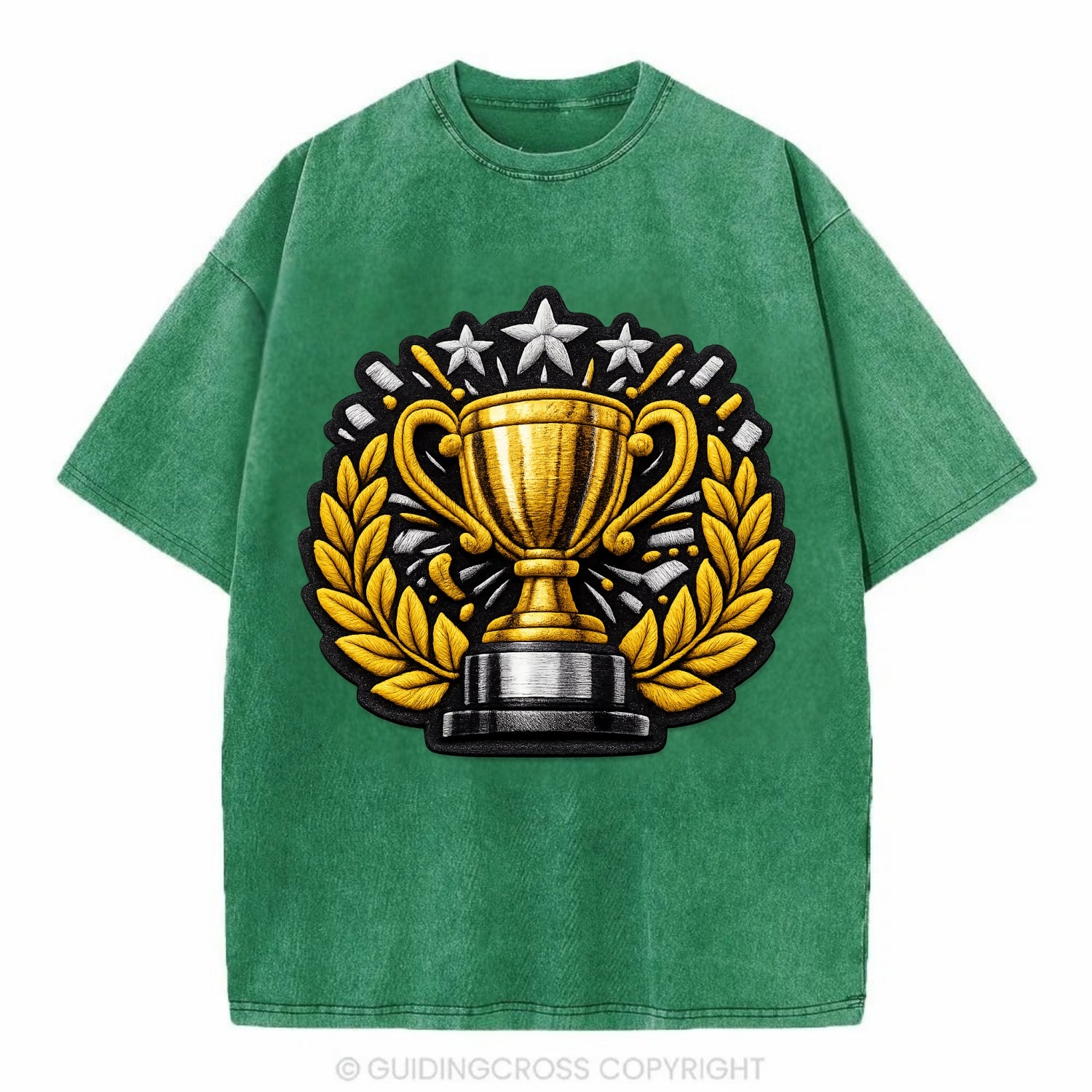Embroidered patch design - CHAMPIONSHIP TROPHY - golden trophy cup with laurels - Vintage T-shirt - Forest Mist(Green)