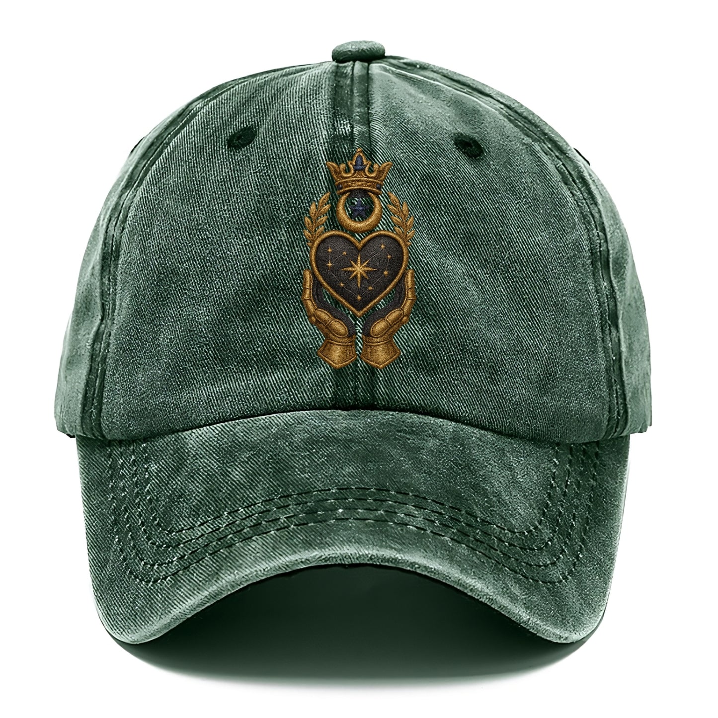 Crowned heart with Art Deco sunburst crown and geometric filigree hands cradling the - Classic Cap - Forest Mist(Green)