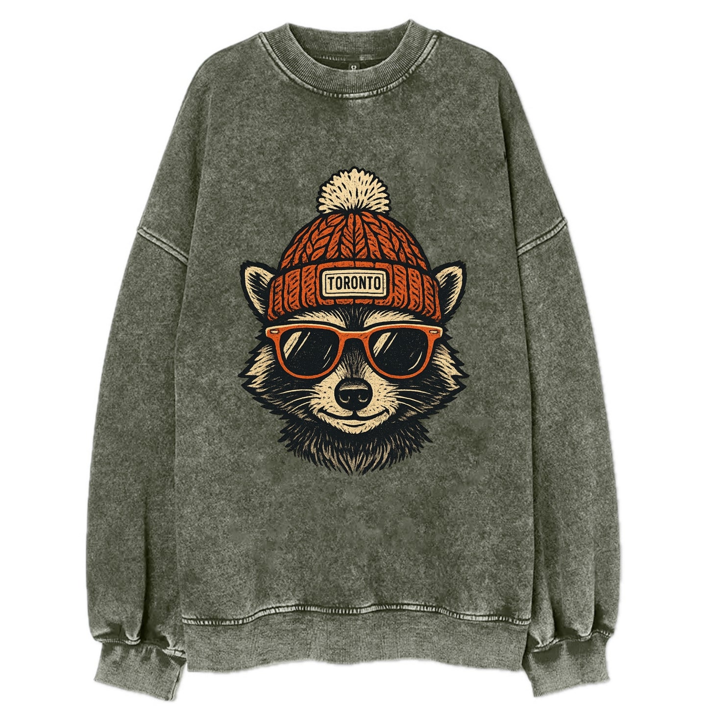 Toronto Raccoon wearing Toronto beanie with pom pom and wayfarer sunglasses - Vintage Sweatshirt - Forest Mist(Green)