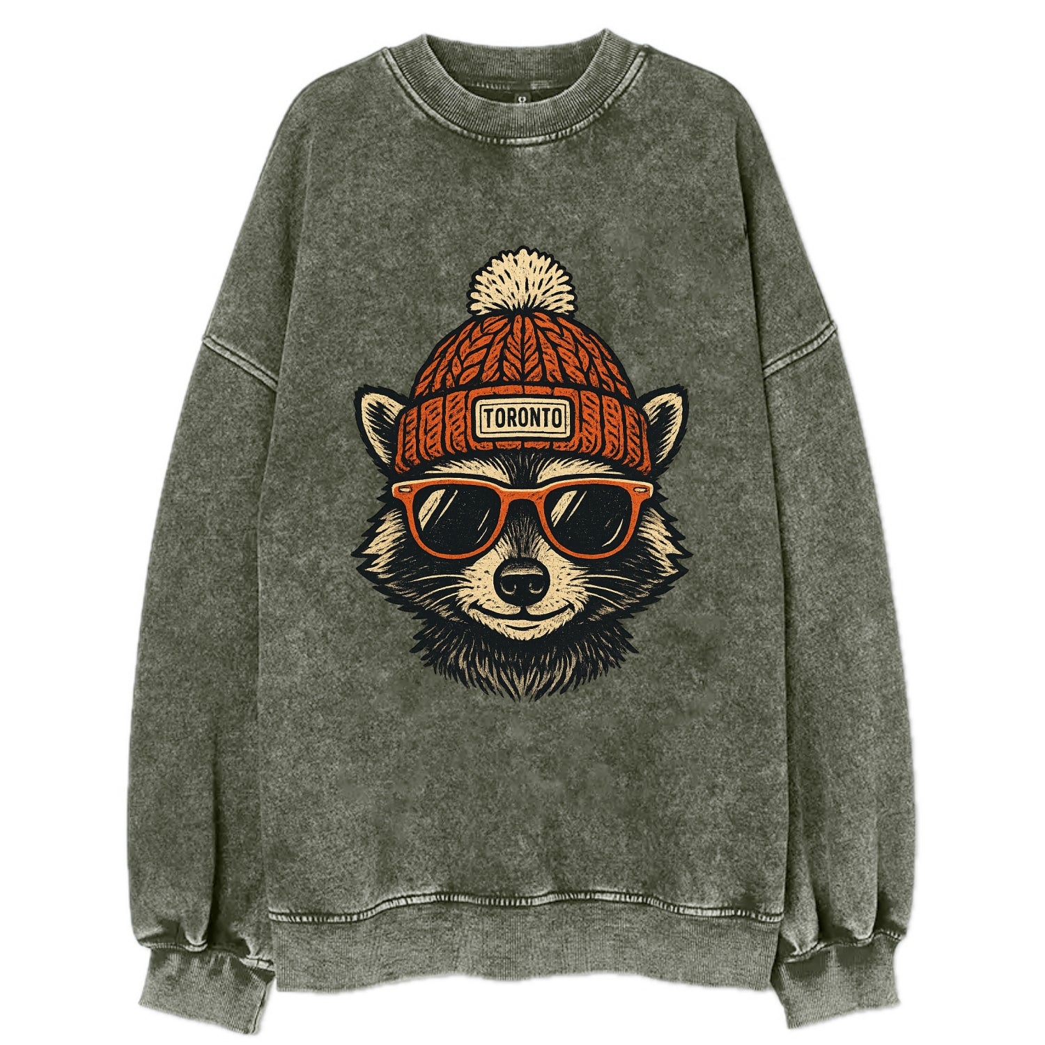 Toronto Raccoon wearing Toronto beanie with pom pom and wayfarer sunglasses - Vintage Sweatshirt - Forest Mist(Green)