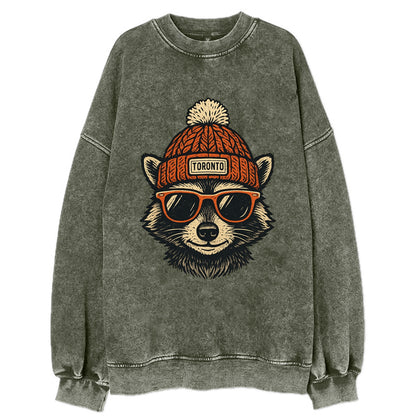 Toronto Raccoon wearing Toronto beanie with pom pom and wayfarer sunglasses - Vintage Sweatshirt - Forest Mist(Green)
