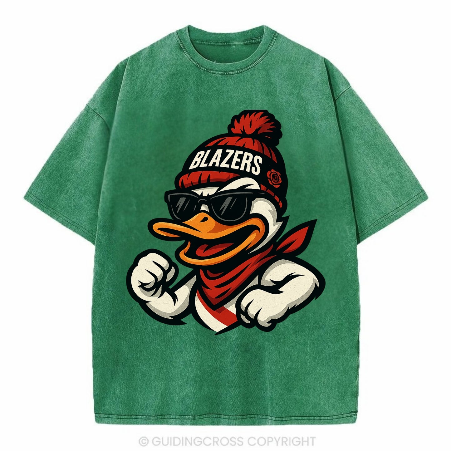 Oregon Duck wearing Trail Blazers beanie with rose patch and wayfarer sunglasses - Vintage T-shirt - Forest Mist(Green)